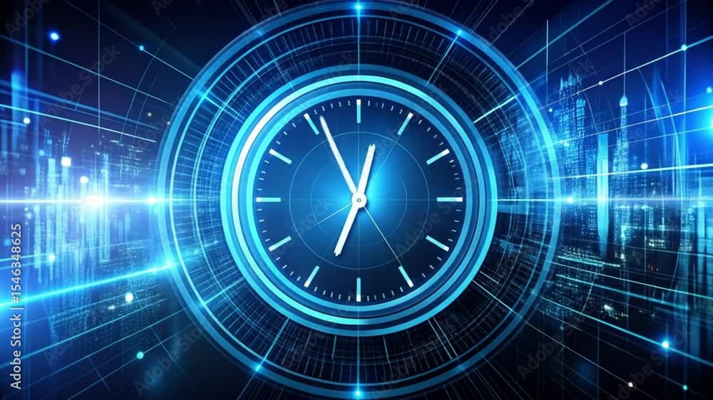 Poster time lapse of clock with futuristic city, technology background showing passing time