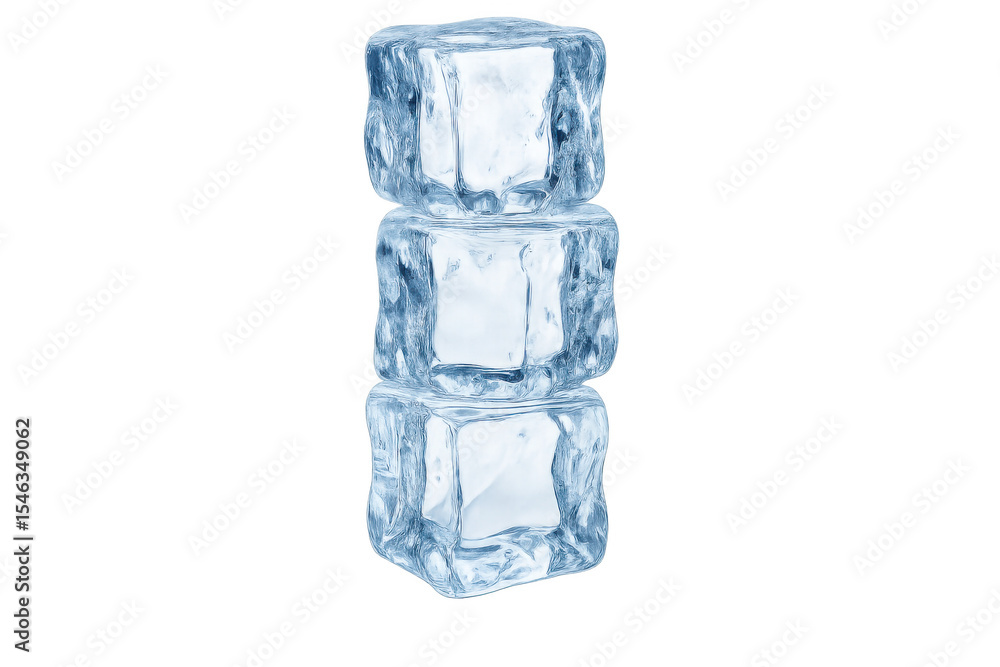 Poster three ice cubes balancing on top of each other on a transparent background, creating a refreshing an