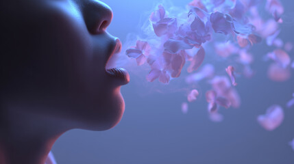 A close-up of a person exhaling soft, pastel flower petals in a dreamy, conceptual scene.