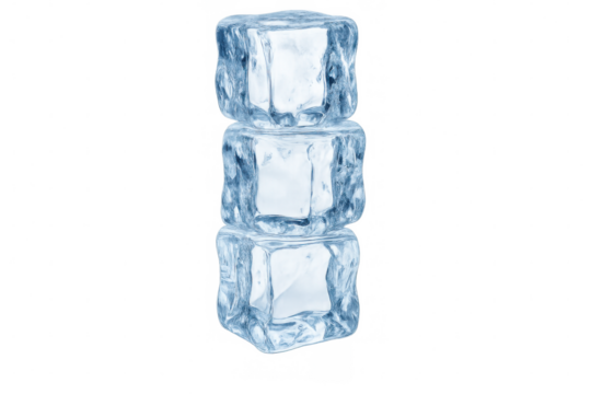 Three ice cubes balancing on top of each other on a transparent background, creating a refreshing and cool visual