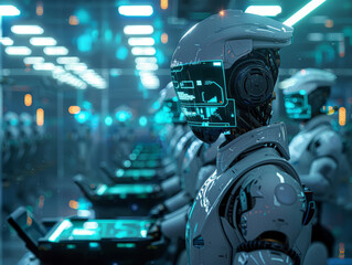 Futuristic humanoid robots with digital displays on their faces stand in a high-tech environment filled with glowing blue lights.