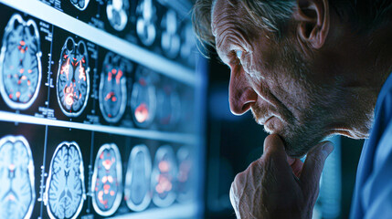 A focused elderly man studies brain scans displayed on a digital screen, analyzing neurological images in a dimly lit medical environment.