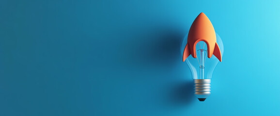 3D cartoon rocket flying out of a light bulb on a blue background, in a minimalistic style with a simple design, soft color blending