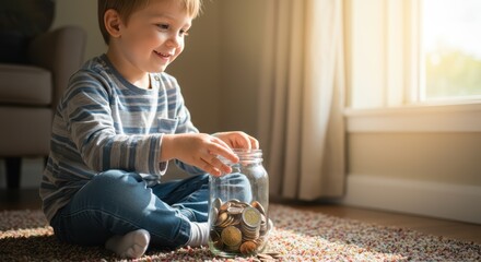 Learning Financial Literacy Young Boy Saving Coins In A Jar On The Floor