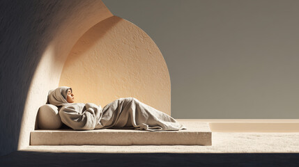 Minimalist 3D render of a person resting peacefully in a cozy corner, wrapped in a soft robe. A concept of comfort, rest, and emotional healing.