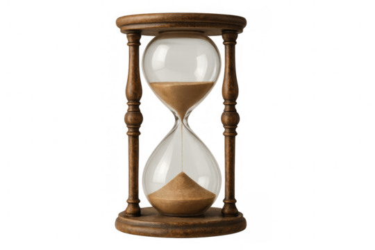 Classic wooden hourglass with sand flowing, symbolizing time passing, on a transparent background - Powered by Adobe