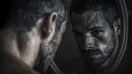 Man looking into a mirror, his reflection altered to appear ‘perfect’ or curated like social media, highlighting internal conflict and self-comparison, dark tone, ultra-realistic, no text, no 