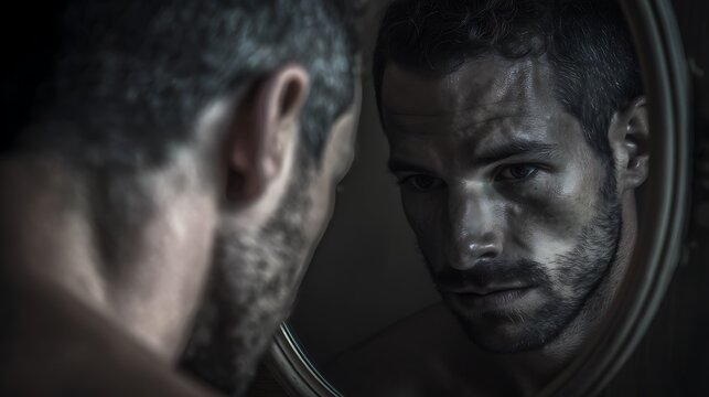Man looking into a mirror, his reflection altered to appear ‘perfect’ or curated like social media, highlighting internal conflict and self-comparison, dark tone, ultra-realistic, no text, no 