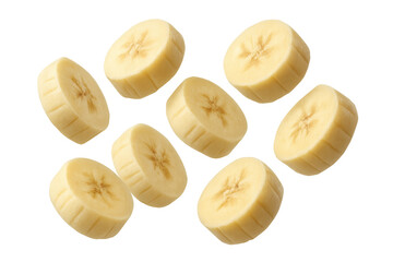 Eight banana slices falling against a transparent background, creating a dynamic and appetizing image