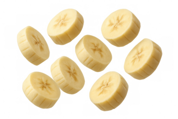 Eight banana slices falling against a transparent background, creating a dynamic and appetizing image