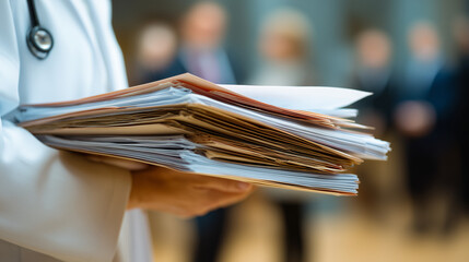 Distressed doctor holding legal documents with worried expression, symbolizing medical lawsuit stress and legal challenges in healthcare profession.