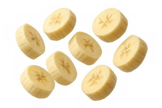 Eight banana slices falling against a transparent background, creating a dynamic and appetizing image