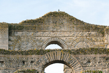 Close-up of the ancient stone ruins of the Palais Gallien, a Roman amphitheater in Bordeaux,...