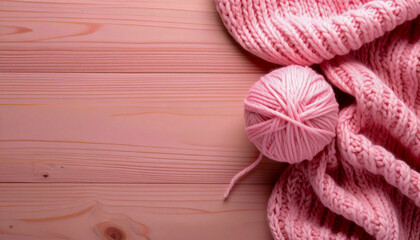 Knitting wool yarn balls in on a wooden table with copy space. Cozy knitting scene with warm texture, ideal for craft, handmade, or winter-themed designs.
