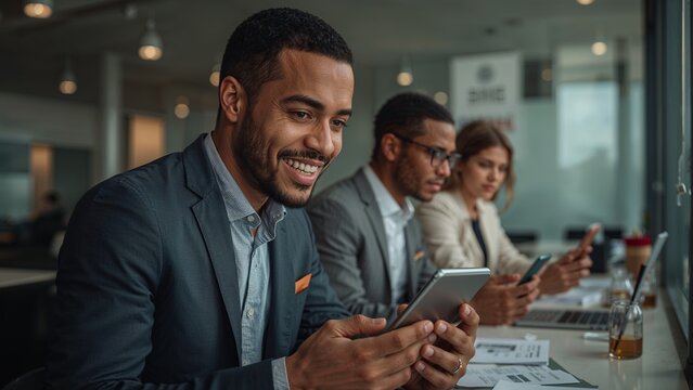 Business people engaged in collaborative digital work.