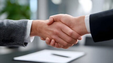 Two business partners shaking hands after signing a contract