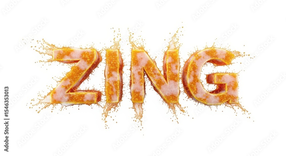 Poster the word zing is made of liquid with splashes isolated on white background
