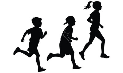Silhouettes of three children running joyfully outdoors in activewear