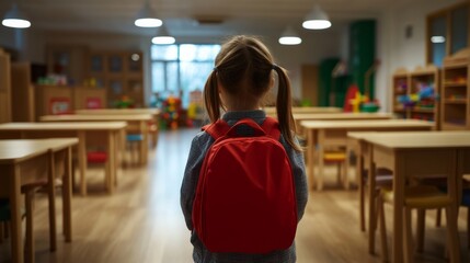 A little girl with pigtails and red backpack stands in the background of an empty kindergarten, her back to us, photo taken from behind, stock photography, high 