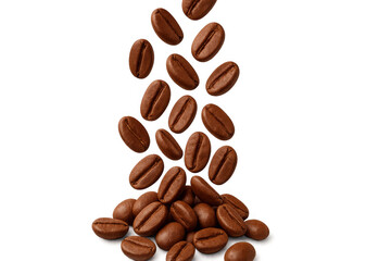 Obraz premium Roasted coffee beans are falling and forming a small pile on a transparent background, perfect for coffee-themed projects
