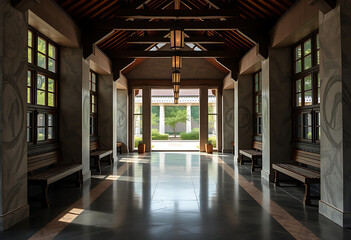 Obraz premium Sunlit hallway with wooden benches, marble walls, and a tranquil garden view