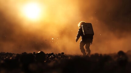 Backlit space creature walking on asteroid field, glowing mist, lens flare effect