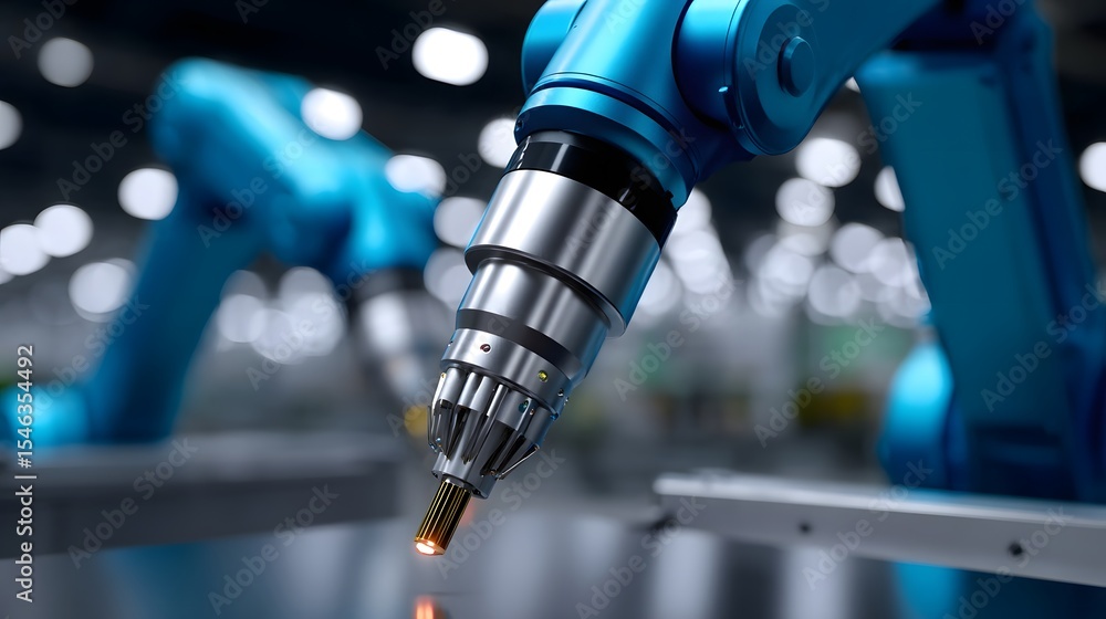 Poster robotic arms performing tasks in an electronics factory