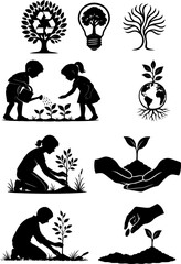 Fototapeta premium Eco Silhouettes Greening the Planet, Black and White Environmental and Nature Icons Collection