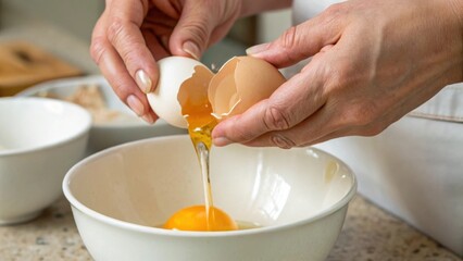 Hands cracking eggs into a bowl for cooking preparation.