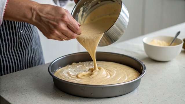 Batter being poured into a cake pan for baking.