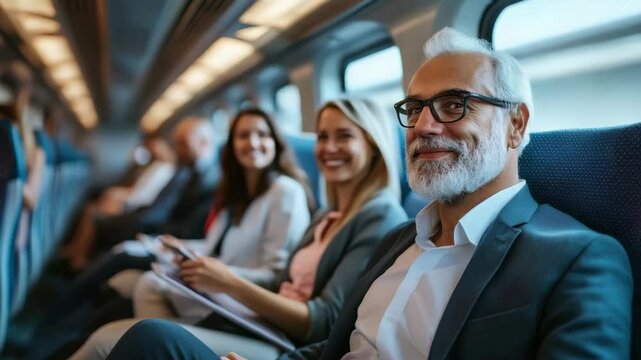 Smiling businessman in suit with glasses commuting on train alongside diverse colleagues enjoying relaxed and positive work atmosphere