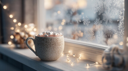 Frosted window with snowflakes, cup of hot chocolate and marshmallows, cozy lights and festive winter background, soft holiday atmosphere.