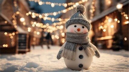 Cute snowman in knitted scarf and hat on snowy street, glowing holiday lights, cheerful winter scene with a big smile.