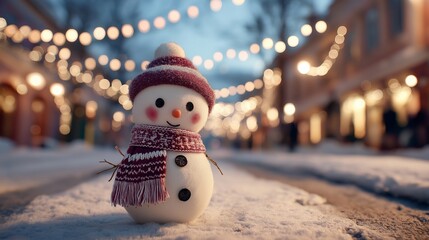 Happy snowman in red scarf and hat on a snowy city street, glowing lights, festive winter evening, joyful and playful character.
