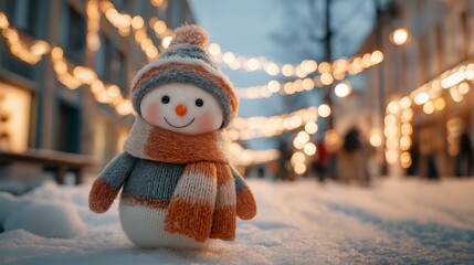 Smiling snowman in orange hat and scarf on snow, bokeh holiday lights in the background, festive city, joyful winter character.