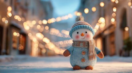 A cute snowman in a knitted hat and scarf standing on a snowy street with festive lights in the background, creating a cozy and cheerful holiday atmosphere.