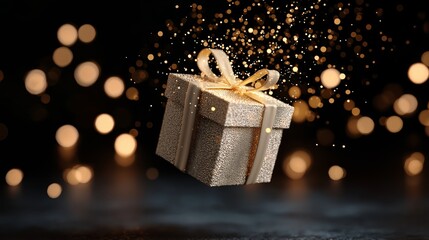 A gold gift box with a shiny ribbon floating against a dark background, surrounded by glitter, capturing a festive and magical celebration.