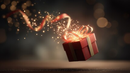 A red gift box with a ribbon and sparkling light, floating on a soft bokeh background, creating a festive and magical feeling.