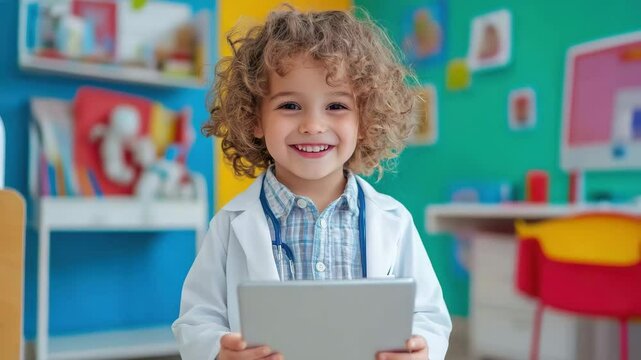 Smiling child with curly hair wearing white coat and stethoscope holding tablet in colorful pediatric healthcare setting full of toys and books
