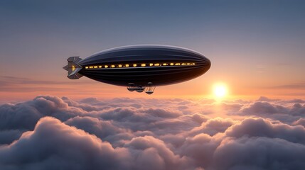 Naklejka premium Vintage airship soaring through sunset-lit clouds