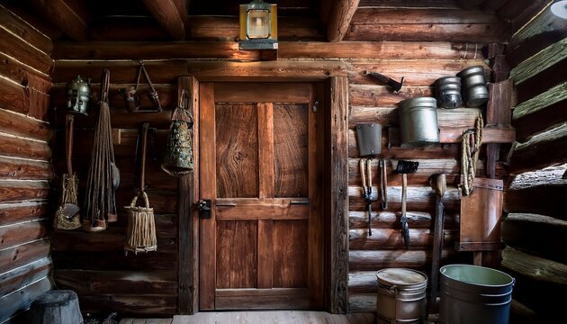 rustic log cabin interior with aged wooden door various tools utensils and containers hanging on the walls a dark moody atmosphere is present