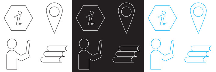 Guide  icon set. Contains icons related to guide, information, instructions etc. Vector illustration . Isolated on white and black background. EPS 10