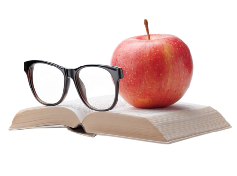 Red apple on open book with eyeglasses knowledge education, Isolated On White, Png Transparent