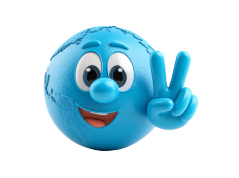 Happy earth globe cartoon character giving peace sign, Isolated On White, Png Transparent