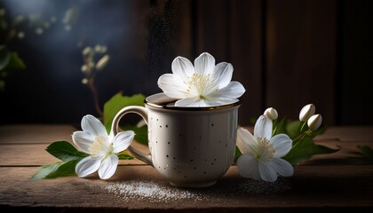 Fototapeta premium aromatic coffee mug white flowers dark specks still life cinematic lighting rustic wo