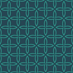 A seamless pattern features a series of geometric shapes arranged in a repeating four-petal flower-like design. Dark teal hues create a harmonious and symmetric visual effect.