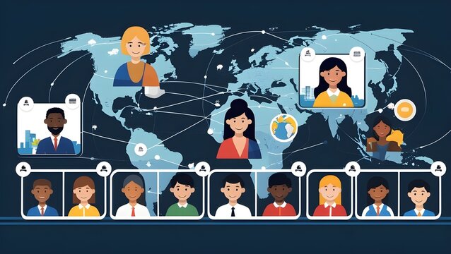 Vector illustration of a video conference with diverse people from different continents, shown in floating windows connected by data lines. Use simple character design and include global location icon