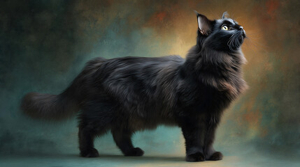 A majestic black cat with glossy, sleek fur stands proudly, exuding elegance, mystery, and charm, perfectly representing the beauty and grace of a luxurious pet cat.