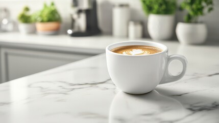 Freshly Brewed Coffee in White Mug on Elegant Marble Countertop with Kitchen Background