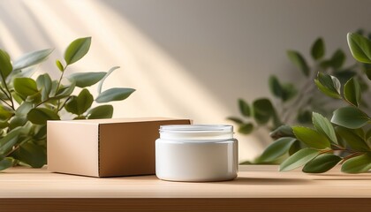 sunlit cream jar and cardboard box rest on a light wood surface near potted greenery creating a minimalist natural product display